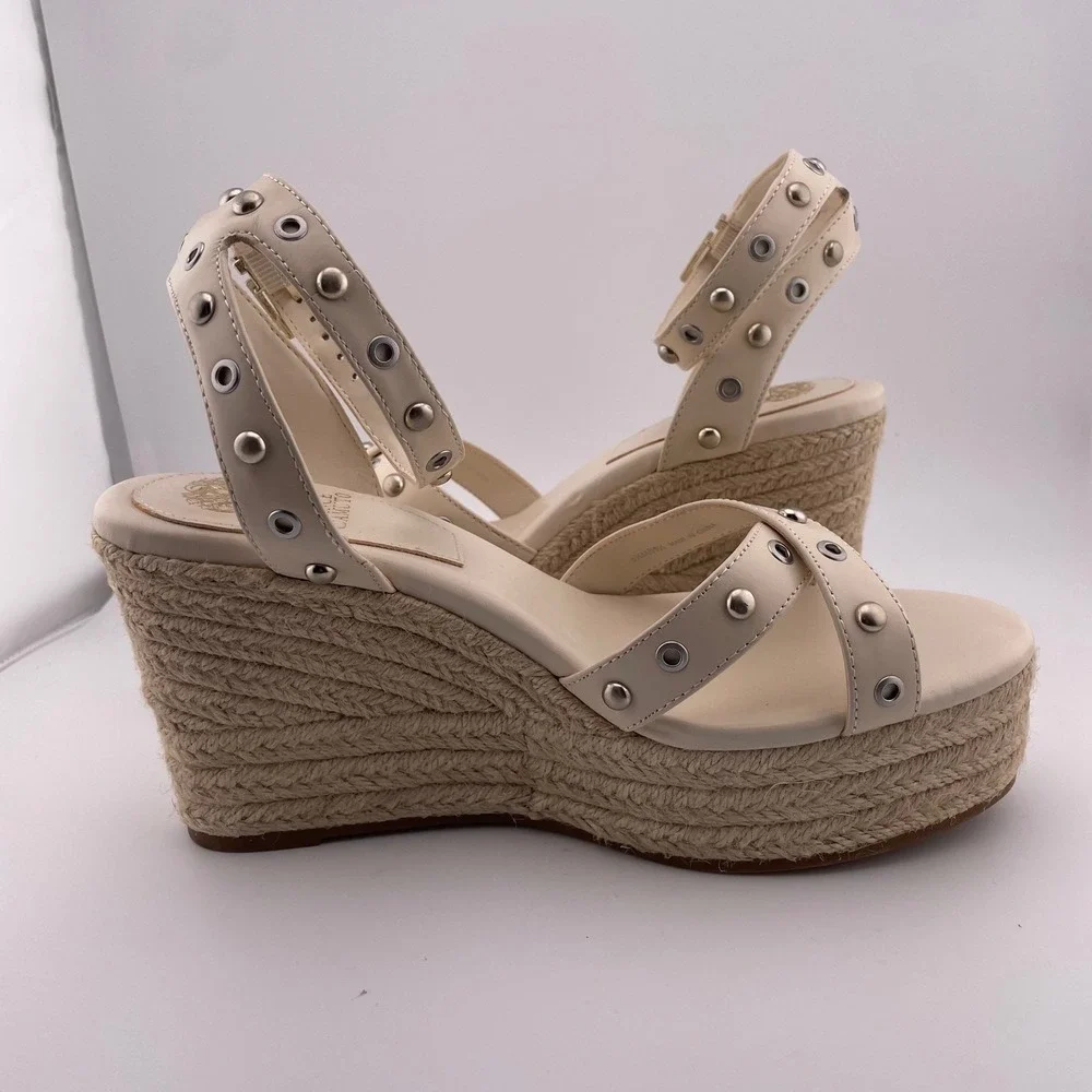 Vince Camuto Cream Studded Feegella Espadrille Wedge Sandals Women's Size‎ 8.5